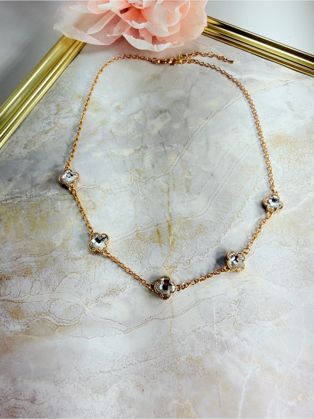 Gold Crystal Clover Station Necklace - Women Jewelry